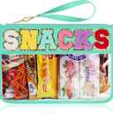 Snack Bag for Travel - Clear Chenille Varsity Letter Flat Pouch with Zipper, 12.28.46 inch Waterproof Clear Nylon Preppy Patch Makeup Cosmetic tote Bags for Women Girls