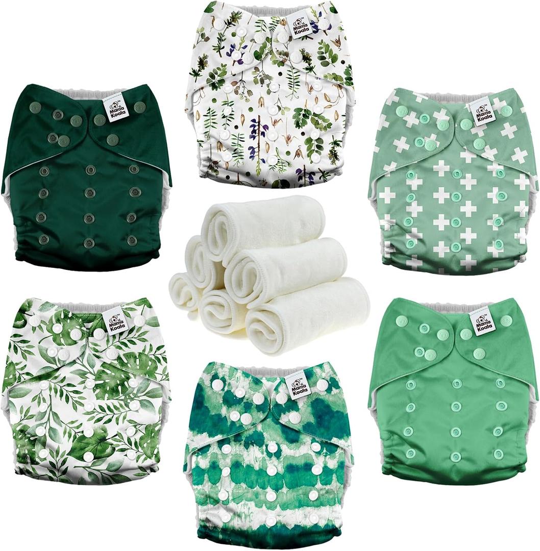 Mama Koala 3.0 Pocket Cloth Diapers for Babies with AWJ Lining, 6 Pack with 6 4-Layer Natural Cloth Diaper Inserts - Reusable and Washable Pocket Diapers (Love Green)