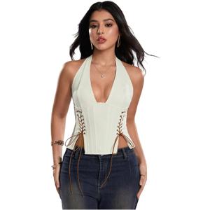MakeMeChic Women's Corset Halter Tops Y2K Going Out Lace Up Tops Gothic Cowgirl Crop Tops (Teal, M)