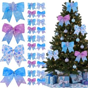 Chuangdi 24 Pcs Snowflake Christmas Bows Ornaments 6 Inch Large Christmas Tree Decorations Purple and Blue Winter Wonderland Bows Decor for Home Xmas Tree Ornaments Gift Wrapping DIY Crafts Supplies