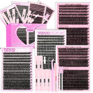 4 Styles Lash Clusters Kit 60D+80D+100D+150D Volume Clusters Lashes Extensions Kit with 2 Bond and Seal 10-18mm Wispy D Curly Full DIY Individual Eyelash Extensions Kit DIY at Home Easily