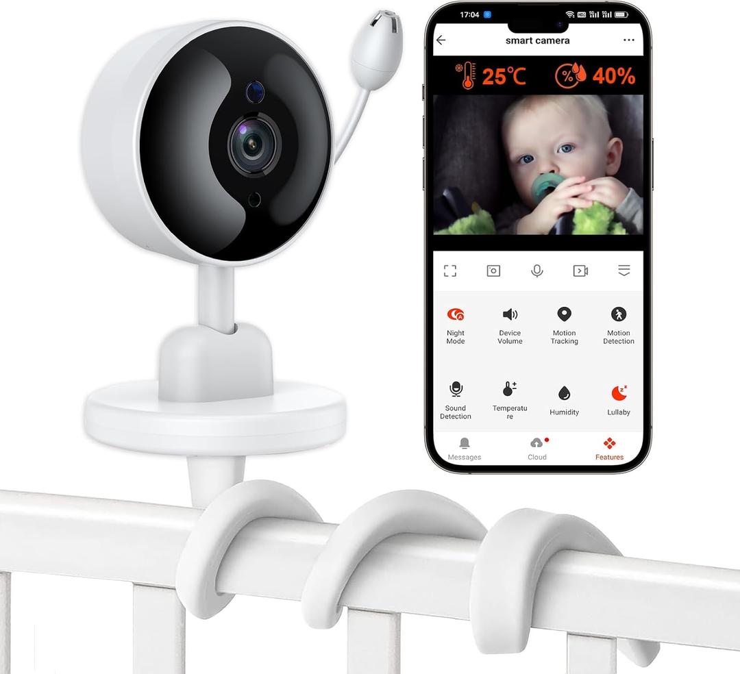 Baby Monitor with Camera and Audio, WiFi Indoor Video Baby Camera with Mount, Motion & Cry Detection, Temp & Humidity Sensor, Night Vision, 2 Way Audio, 4 Lullabies, APP Control