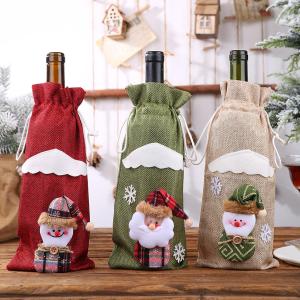 3Pcs Christmas Wine Bottle Bags Burlap Cute Wine Bottle Cover with Drawstring Santa Claus Snowman Cartoon Decorative Bottle Gift Bags for Xmas Holiday Dining Table Decoration Party