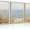 Coastal Wildflower Wall Art Beach Floral Canvas Wall Decor Vintage Coastal Landscape Pictures Ocean Flower Poster Summer Prints Seascape Painting for Living Room Bedroom 16x24 Inch Wood Framed 3Pcs