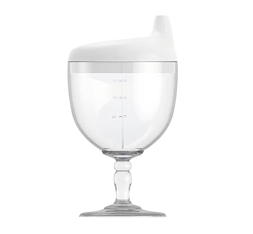 KFT Baby Sippy Cup Wine Glass - Fun No Spill Plastic Goblet for Kids - Perfect Beverage Mug with Lid for Birthday Parties and Celebrations - Ideal for Milk, Juice, and More! (White, 1)