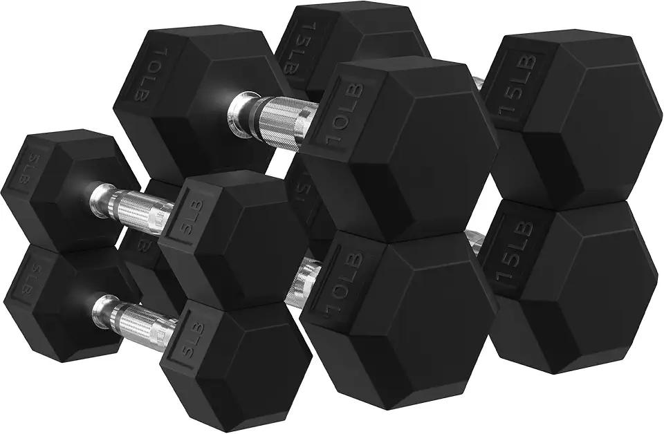 Signature Fitness Rubber Encased Hex Dumbbells 5, 10 and 15 Pairs Weight Sets for Home Gym