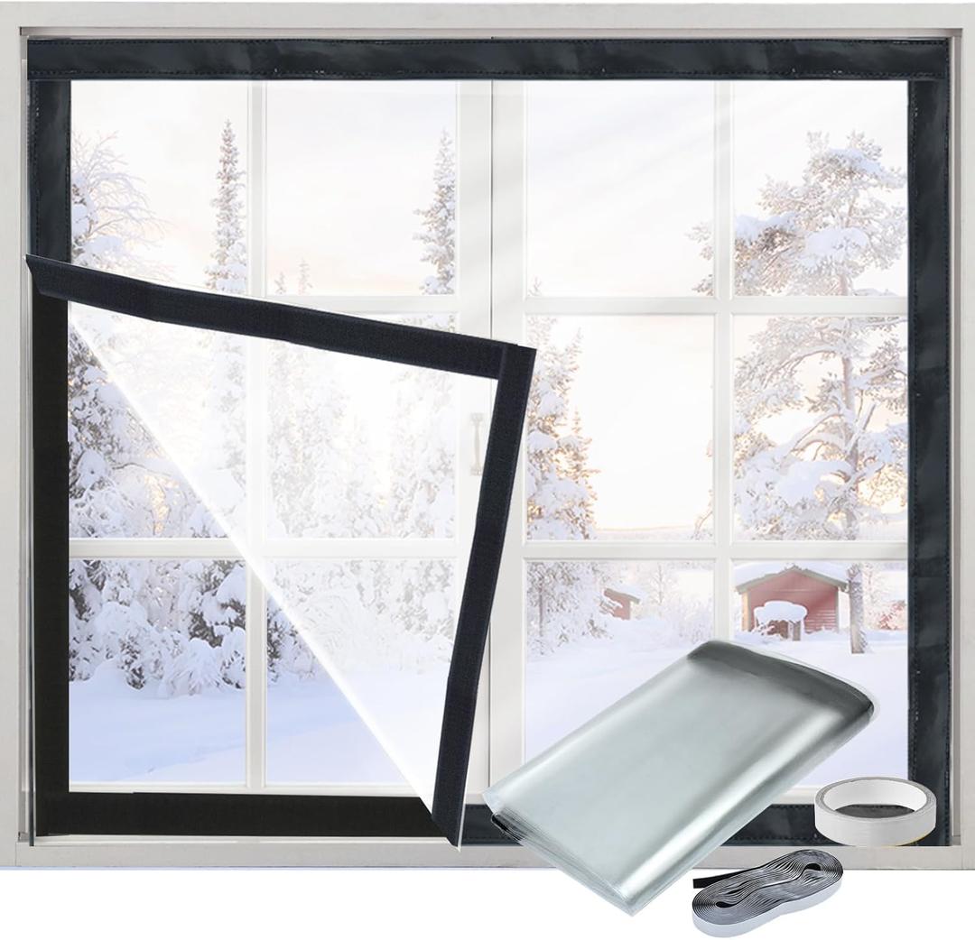 Window Insulation Kit for Winter Adjustable Plastic Insulated Window Cover Sealer Reusable Thermal Thicken Clear Insulation Wrap Transparent Film with Hook and Loop Tape for Winterizing 39'' x 48''