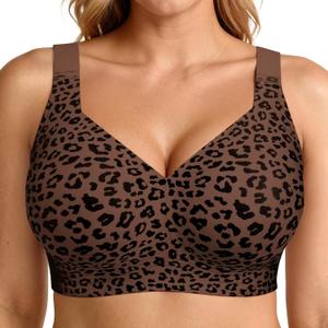 LetsJoli Bras for Women Supportive Wireless Push Up Bra Full Coverage No Underwire Seamless Plus Size for Older Women (Large, Leopard Coffee)