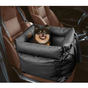 FUNNYFUZZY Leather Dog Car Seat for Small  Medium Sized Dogs Up to 35lbs, Waterproof and Washable Dog Booster Seat Car Bed for Travel and Home,Portable and Safety(Black)