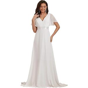 Ever-Pretty Women's Classic Chiffon Short Sleeve Pleated V-Neck Floor Length Bridesmaid Dresses 09890 (18, White)