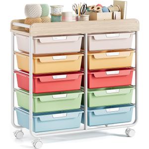 Rolling Storage Cart with Wooden TableTop, Utility Cart with 10 Large Drawers for Craft Organizers, Art Supply Storage, Home Office Organization, Cart with Wheels for Classroom, Living Room, Colorful