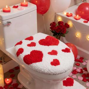 Frienda Red Hearts Toilet Lid Cover 17.5 x 15 Inch Cute Valentines Day Bathroom Decor Soft Microfiber Plush Toilet Cover Non Slip Washable Machine Bathroom Accessories Fits Most Round, Elongated