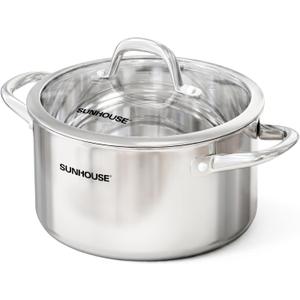 SUNHOUSE Whole-Clad 12 Quart Stainless Steel Stock Pot with Lid | Professional Whole Body Clad Stock Pot with Glass Lid - Induction Compatible Large Pot For Cooking