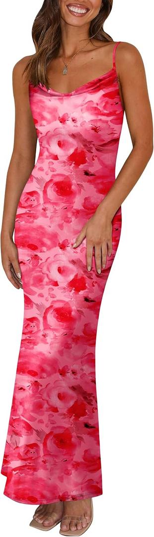 PRETTYGARDEN Women's 2026 Summer Floral Spaghetti Strap Maxi Dress Stretch Sexy Bodycon Dress Backless Slip Long Dresses (Pink, XXL)
