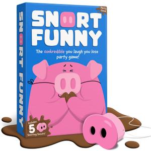 Snort Funny  The Oinkredible You Laugh You Lose Party Game, Family Games for Kids and Adults w/ 150 Challenge Cards, 5 Pig Snouts & Mud Tokens, Funny Games for Friend & Family, 4-8 Players, Ages 8+