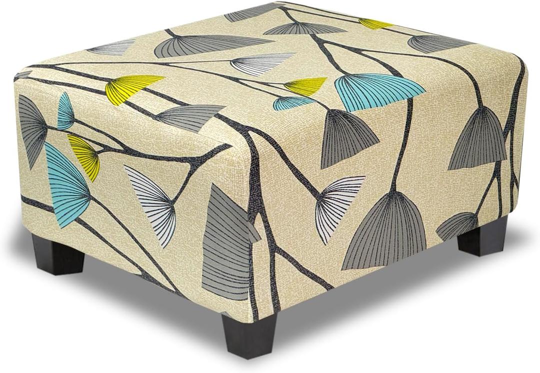 Ottoman Cover Square Slipcovers Printed,Stretch Footrest Stool Cover for Ottoman Square,Soft Foot Stool Cover Protector with Nonslip Elastic Bottom (Medium,Flower D) (M Length&Width:28-37",Height:14-20")