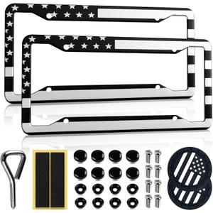 2 Pack OLLEN American Flag License Plate Frames, Aluminum Alloy US Patriotic Car Tag Holder Protector, with Mount Hardware, Anti-Theft Caps, 8 Rattle Proof Pads, Screwdriver, Black+Silver