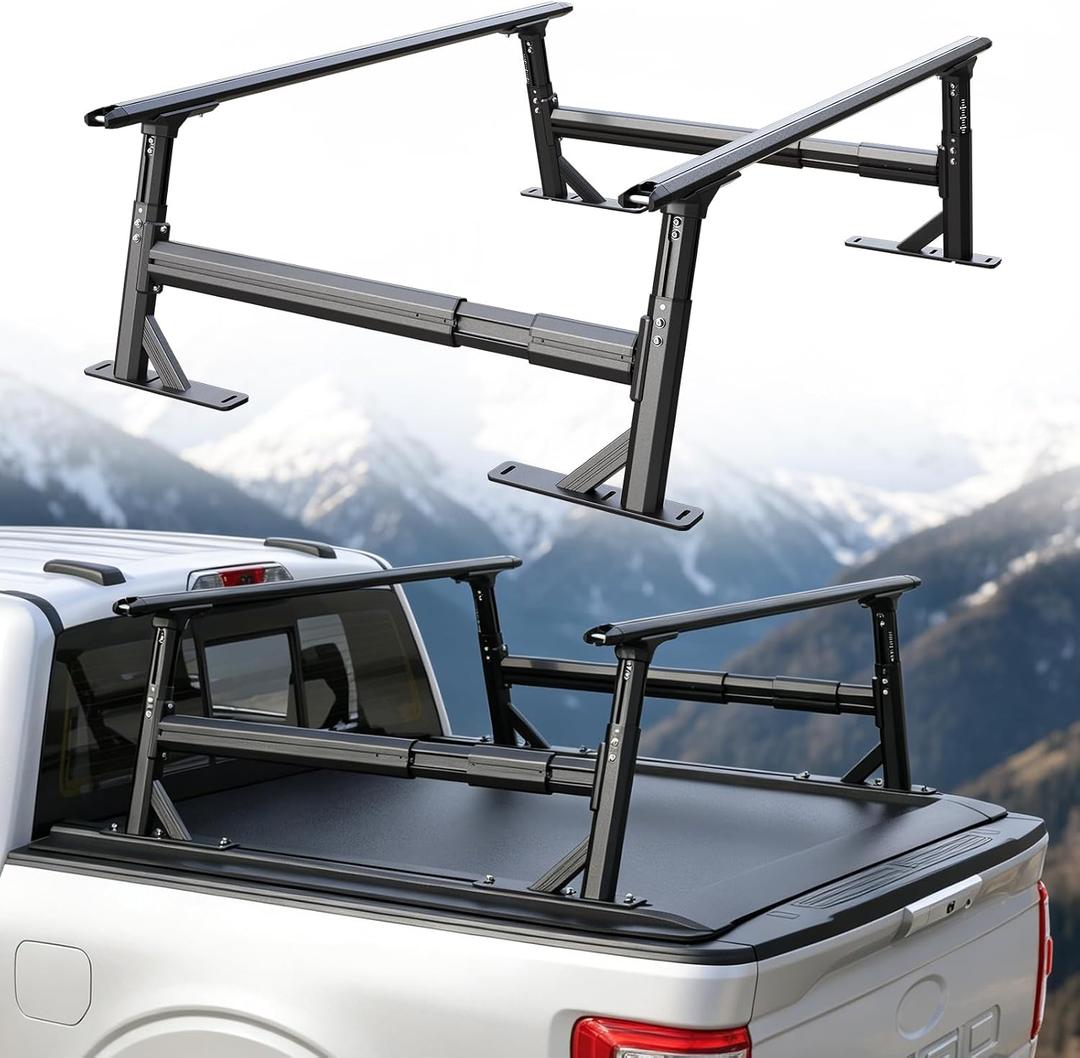 Heavy Duty Lightweight Aluminum Truck Ladder Rack, 1500 LBS Capacity, Compatible with Tonneau Cover & T-Slot Rails, 19"-25" Height Adjustable, Bed Rack with Side Bars Fits Tacoma Gladiator