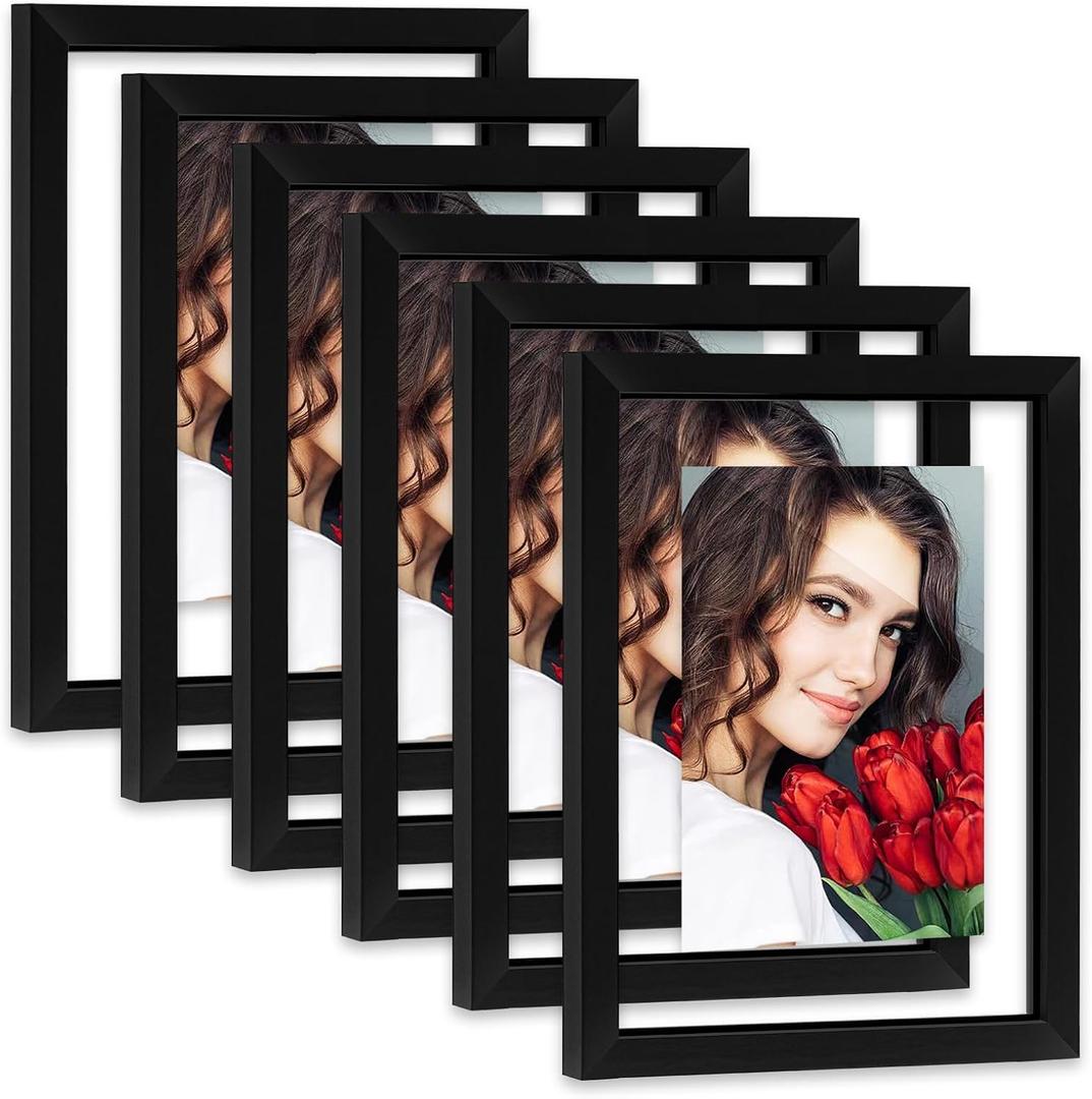 LBECUA Floating Picture Frames Set of 6, 8x10 Floating Frame with Double Glass for 4x6, 5x7 or Full Display 8x10 Photo, Desktop or Wall Hanging, Black