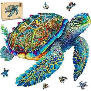 Mys Aurora Wooden Puzzles for Mom, Sea Turtle Jigsaw Puzzles 200 Pieces, FSC Certified 5MM Unique Shaped Wooden Puzzle for Adults and Kids, Family Game 9.2 x 11.2 Inch