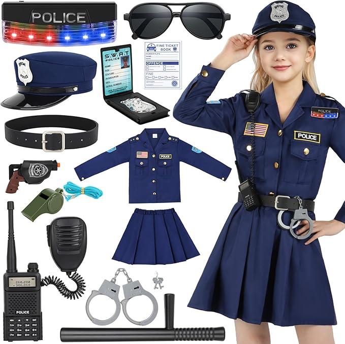 Luucio Police Officer Costume for Girls, Police Costume for Kids with Cop Uniform, Halloween Costumes for Kids Girls 3-12, M