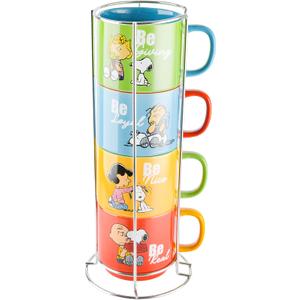 Peanuts Snoopy Gentle Reminders 15oz Stackable Mugs w/Metal Rack, Stoneware, 4-Pack, Assorted Colors
