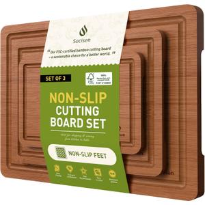 3 Packs Bamboo Cutting Board Set with Non Slip Feet and Over Sink Nice Solid Thick Wood Juice Groove Chopping Board Extra Large Big Small Best Hardwood Kitchen Counter Organic Vegetable (Brown)
