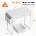 Sweetcrispy Computer Desk Small 32 Inch Home Office Bedroom Writing Study PC Table with Fabric Storage Drawers Space Side Bag Headphone Hook Metal Frame Adjustable Feet Modern Simple Style, White Wood