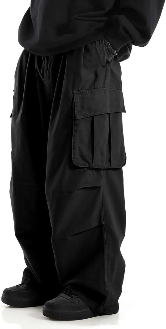 Verdusa Men's Drawstring Waist Pocket Side Loose Cargo Pants Baggy Joggers (X-Large, Black)