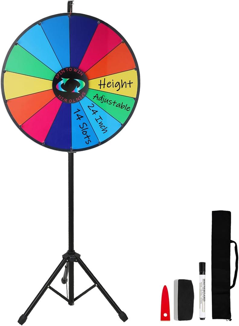 24 Inch Prize Wheel with Folding Tripod Floor Stand 44-60 Height Adjustable 14 Slots Color Dry Erase Spin Wheel Spinner Game with Dry Erase & Marker Pen for Trade Show