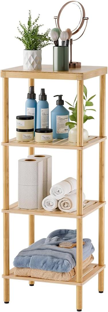 AmazerBath Bamboo Bathroom Shelf, 4-Tier Bathroom Storage Shelf, Multifunctional Storage Rack for Living Room Bedroom Kitchen, Space Saver