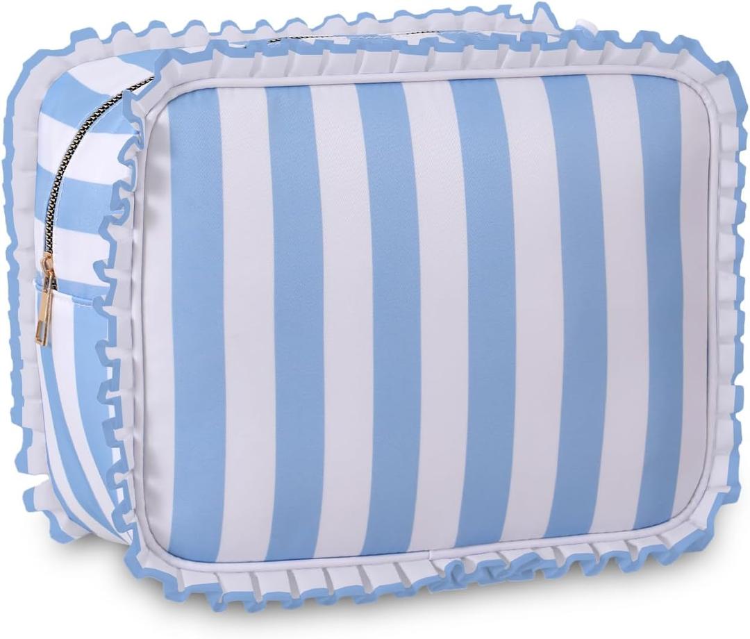 Stripe Ruffle Makeup Bag,Large Travel Cute Cosmetic Bag for Women Girls,Toiletry Bag Make up Organizer 10.8 x 4.5 x 8 inch (Blue Stripe)