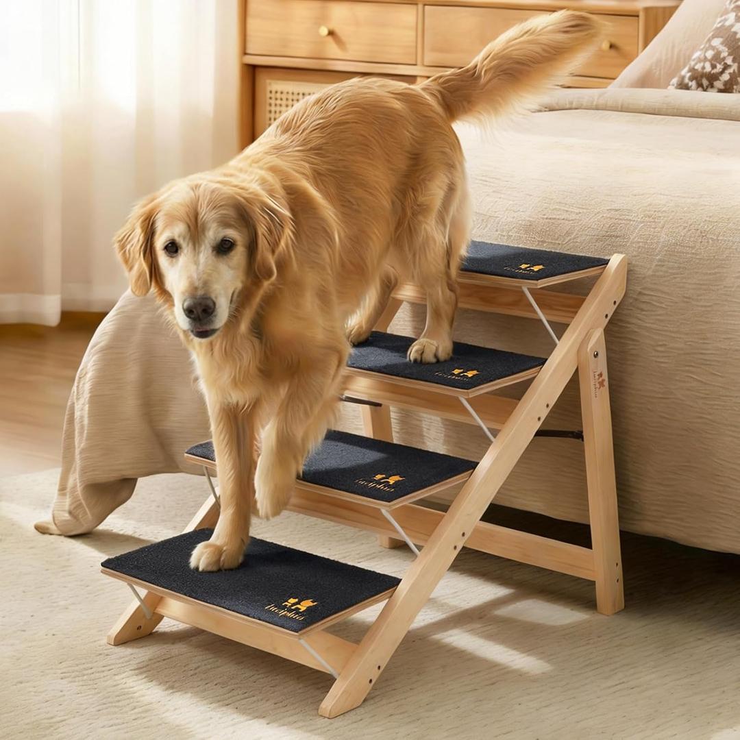 Luciphia Wooden Dog Stairs for Small Dogs 2-in-1 Foldable Dog Steps for Beds Cars Couch Anti-Slip Pet Ramp with 4 Steps Indoor Pet Stairs for Medium Large Older Pets Cats up to 220lbs
