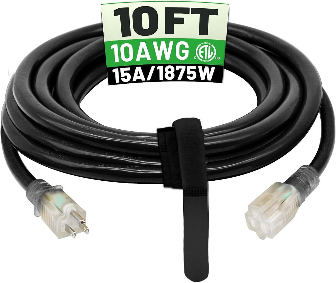 POWGRN 10 Ft 10AWG Black Outdoor Extension Cord Waterproof Heavy Duty 10 Gauge 3 Prong, Flexible Cold-Resistant Power Cord Indoor & Outside with Lighted Indicator End, 15Amp 1875W SJTW ETL Listed