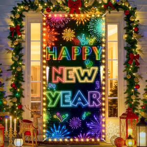 Happy New Year Door Cover Decorations 2026 Large Neon Colorful Fireworks New Year Door Banner with LED Light (No battery) for 2026 New Years Eve Party Supplies Indoor Outdoor Front Door Wall Decor