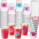 Mifoci 300 Pcs Colorful Dog Paw Plastic Cups Bulk with Flat Lids and Straws Set 12 oz Clear Puppy Paw Disposable Plastic Cups with Lids for Dog Puppy Baby Shower Party Favors