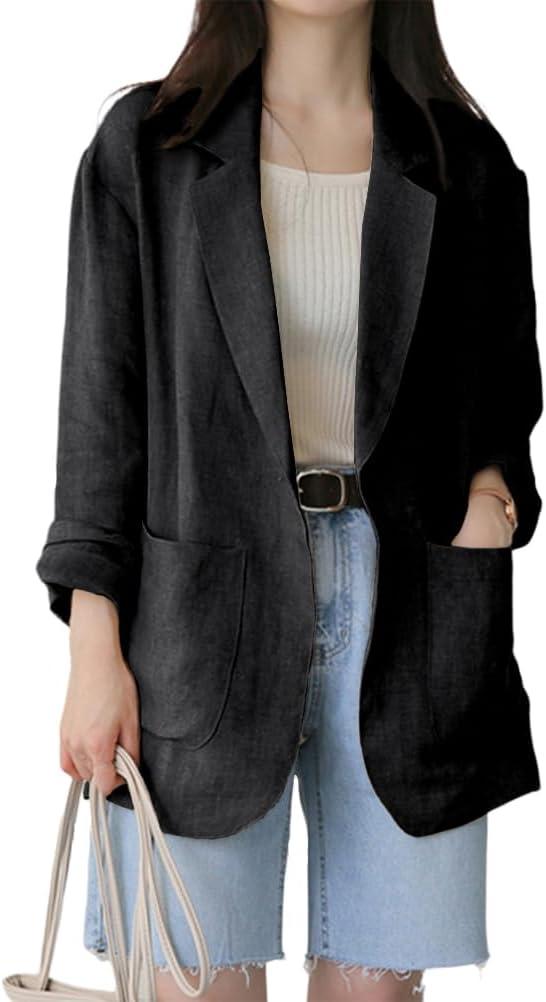 IDEALSANXUN Womens Linen Blazer Casual Long Sleeve Lightweight Spring Summer Jackets, Medium