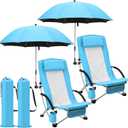 Colingmill 4 Pcs Low Beach Chair with Umbrella Camping Chair Backpack Folding Recliner Mesh Back with Headrest Cup Holder Carry Bag for Summer Tent Picnics Outdoor Travel Barbecues (Sky Blue)