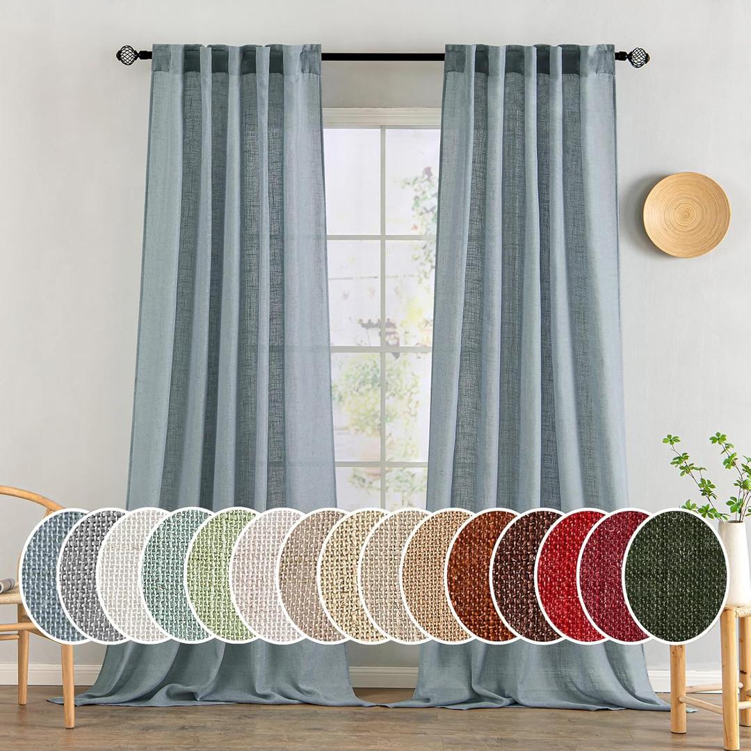 MIULEE Dusty Blue Linen Curtains 96 Inch Long 2 Panels for Bedroom Living Room, Soft Thick Linen Textured Window Drapes Semi Sheer Light Filtering Rod Pocket Back Tab Light Blue Burlap Look Decor