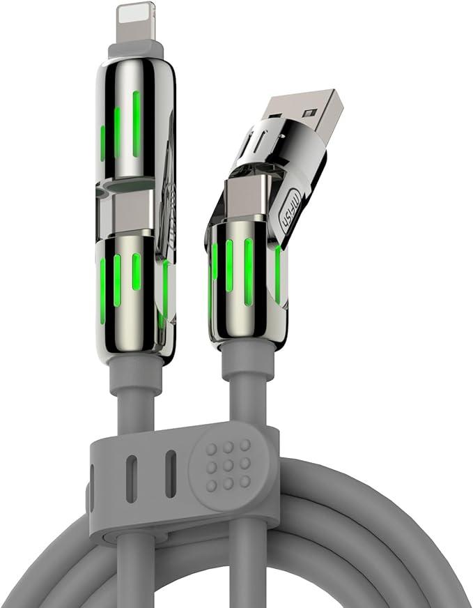 MFish 4-in-1 USB Charging Cable with Carrying Case, 240W Fast Charger Cord, USB-A & Dual USB-C to USB-C/Lightning, for iPhone 17/16/15/14, iPad, MacBook & More (Grey, 6.6Ft)