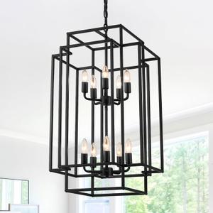 Large Lantern Chandelier for Entryway Foyer, 2-Tier Matte Black Cage Chandelier, 10-Light Hanging Light Fixture for High Ceiling Staircase Living Room