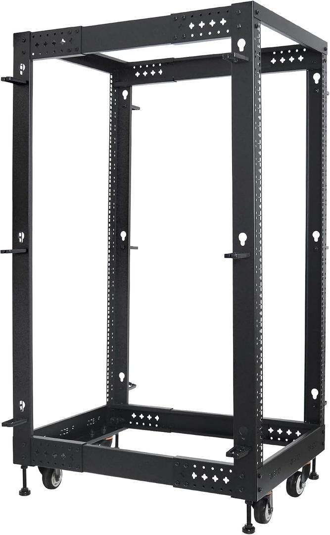 RIVECO 25U Server Rack Adjustable Depth Network 4 Post Cabinet Open Frame with Leveling Feet & Wheels Fully Rivets 1400 LBS, 30"D x 21"W x 53"H