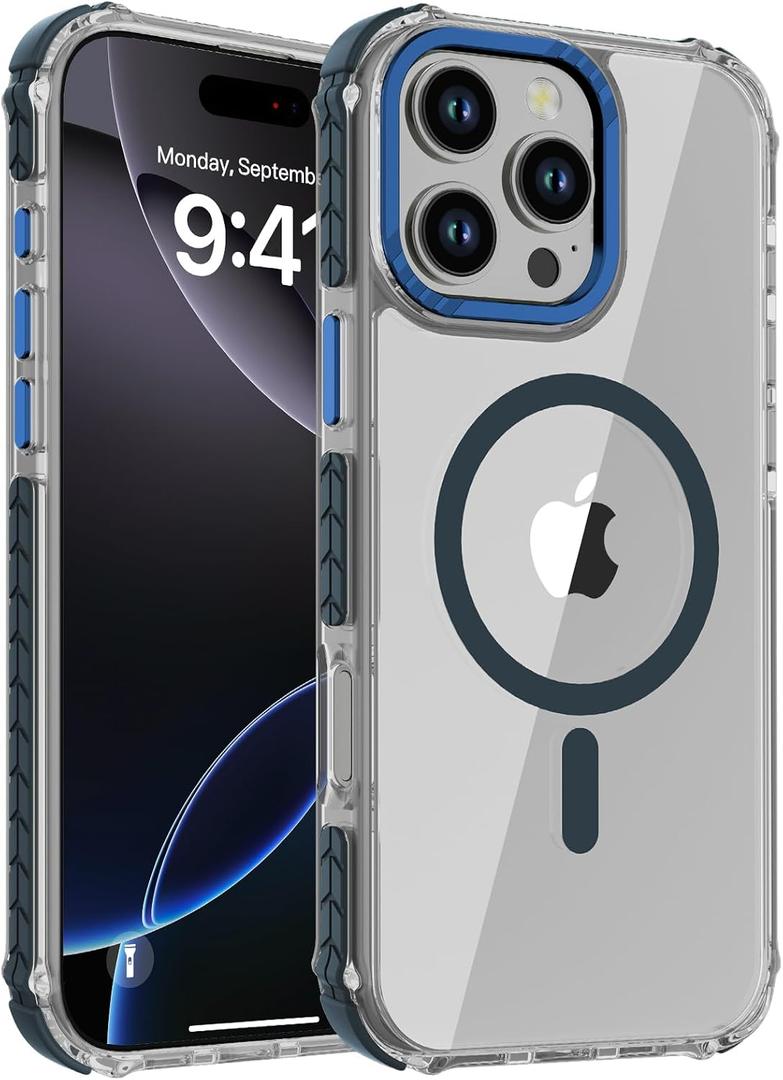 DEERLAMN Strong Magnetic Case for iPhone 16 Pro Max 6.9-Inch,[Compatible with Magsafe][Military Grade Drop Protection] Clear Slim Shockproof Protective Phone Cover-Transparent+Blue