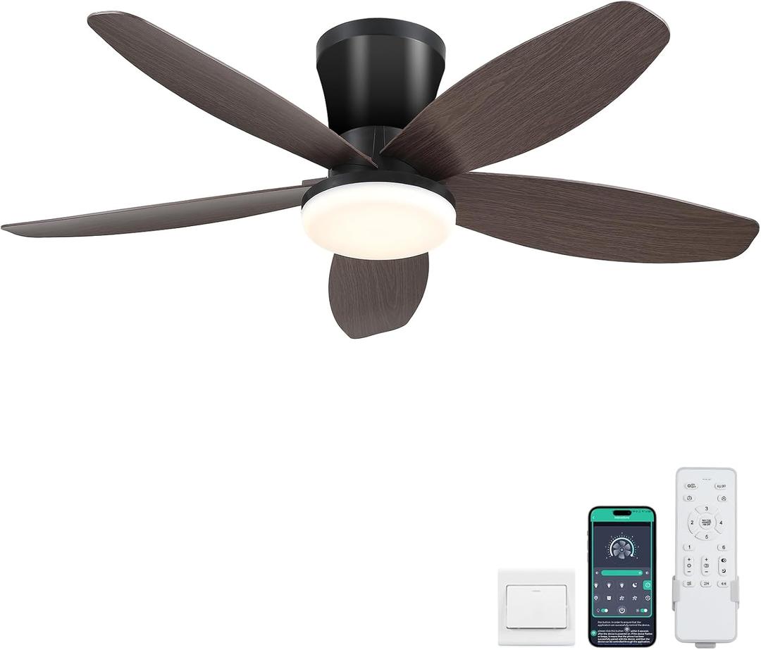 Surtime Ceiling Fans with Lights-36 Low Profile Ceiling Fan with Light and Remote/APP Control,Flush Mount,DC Reversible,LED Dimmable Modern Ceiling Fans for Bedroom,Indoor/Outdoor Patio Use(Brown)