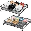 Under Bed Shoe Storage Organizer, 2-Pack Metal Mesh Storage Drawers with Wheels  Rolling Underbed Shoe Organizer for Space Saving Bedroom Organization (Black)