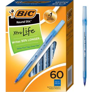 BIC Round Stic Xtra Life Blue Ballpoint Pens, Medium Point (1.0mm), 60-Count Pack of Bulk Pens, Flexible Round Barrel for Writing Comfort, No. 1 Selling Ballpoint Pens