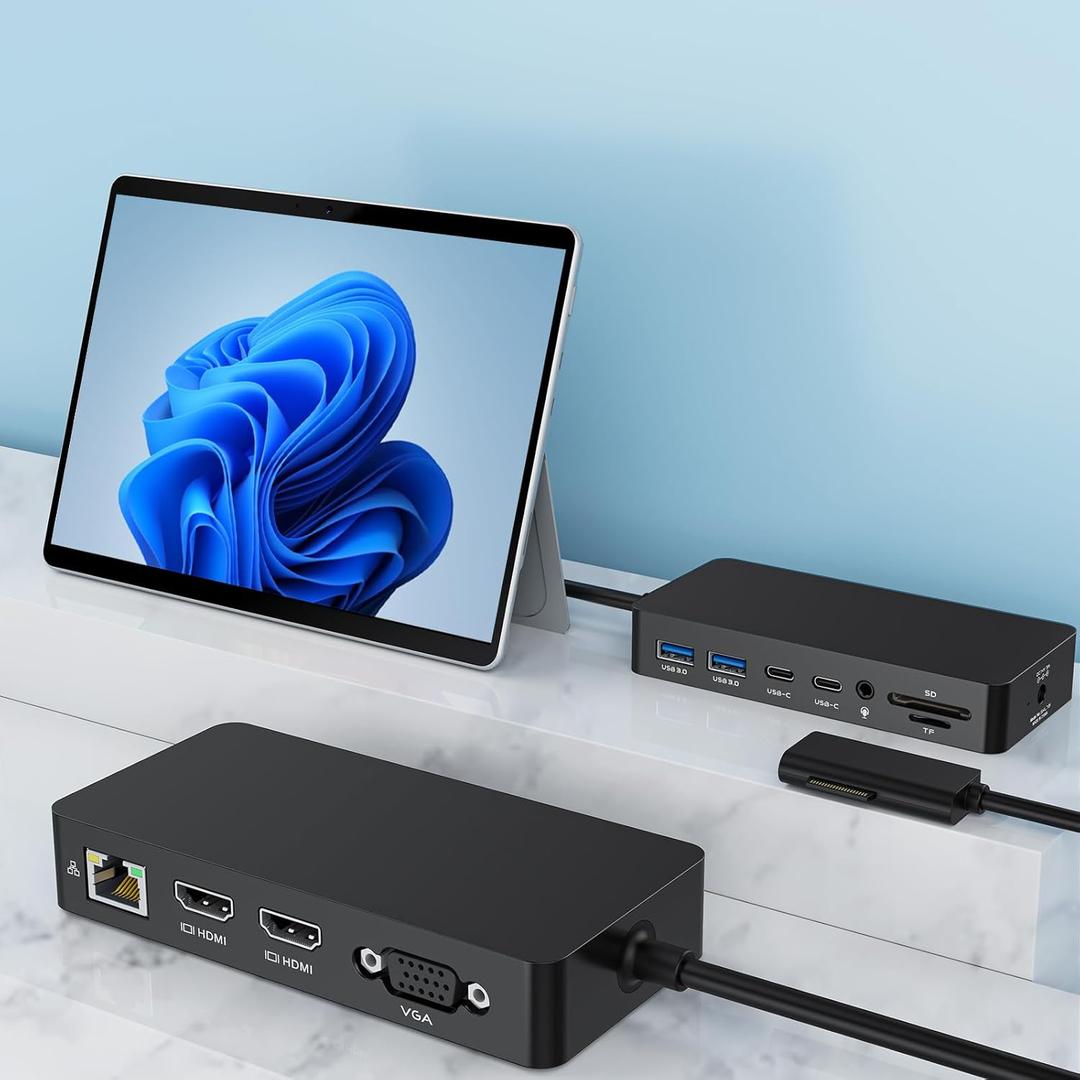 New Surface Dock Triple Displays Dual HDMI+VGA with Power Adapter,12 in 1 Surface Docking Station for Surface Pro 12/11/10/9/8/X/7/6/5/4/3,Surface Laptop 7/6/5/4/3/2/1,Surface Book Go (Black)