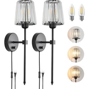 Crystal Wall Sconces Set of 2, Dimmable Wall Sconce with Plug in Cord and Dimmer Matte Black Plug in Wall Lamp Wall Mounted Light with Crystal Shade for Living Room Bedroom Vanity Light Bulbs Included