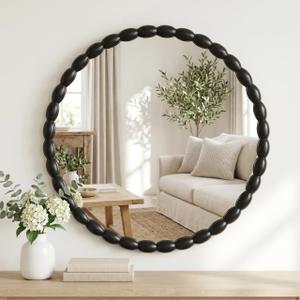 Sangni 30"x30" Round Solid Wood Farmhouse Decorative Wall Mirror