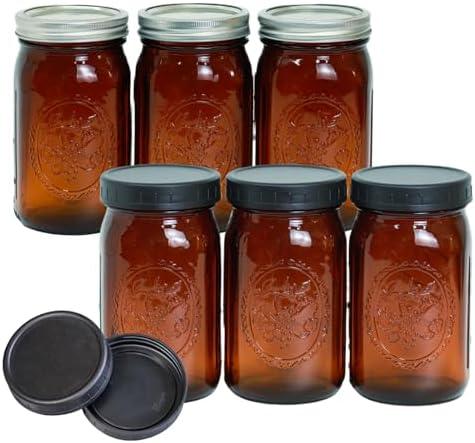 Jumterlee 6 Pack 32 oz Amber Mason Jars, Wide Mouth Mason Jars with Lids and Bands and 6 Black Plastic Mason Jar Lids, Canning Jars Used for Canning, Pickling, Juice, Jam, Jelly